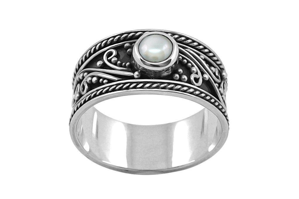 women's ring sterling silver pearl handmade bohemian style gyspy jewels kemmi collection
