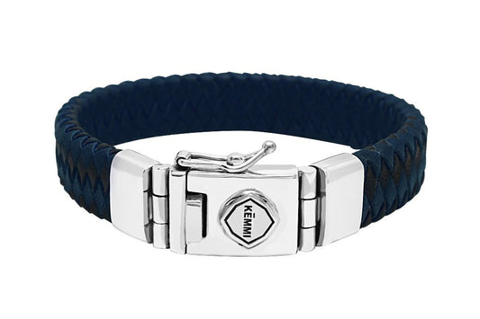 Men's Flat Woven Leather Bracelet Bleu Brown colour Modern style kemmi collection