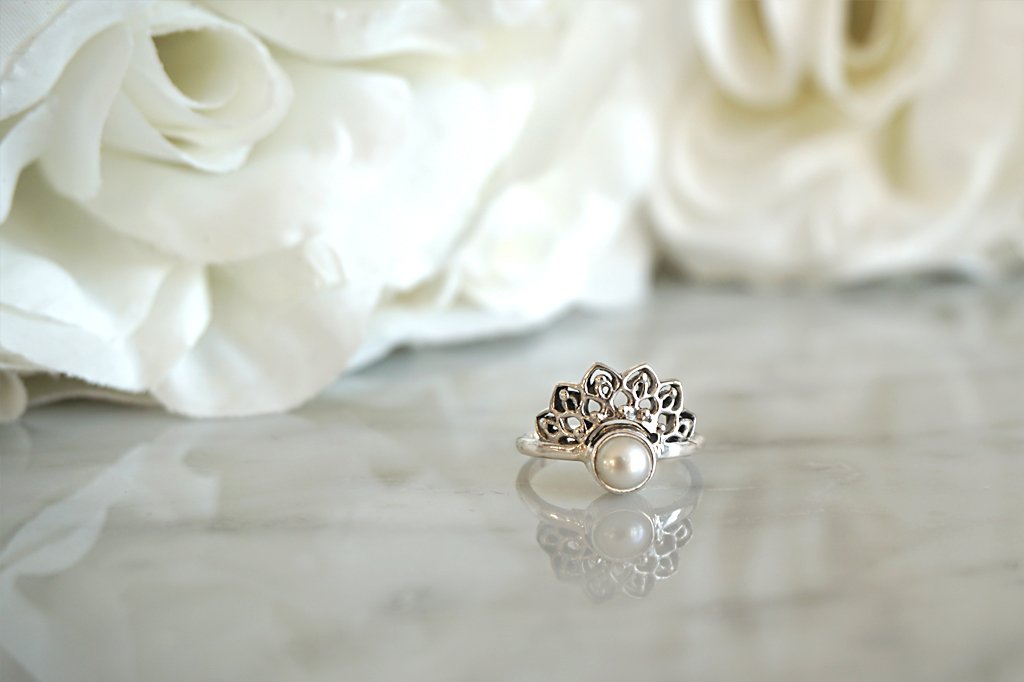 women's silver ring pearl lotus mandala style bohemian gypsy mermaid handmade jewelry kemmi collection