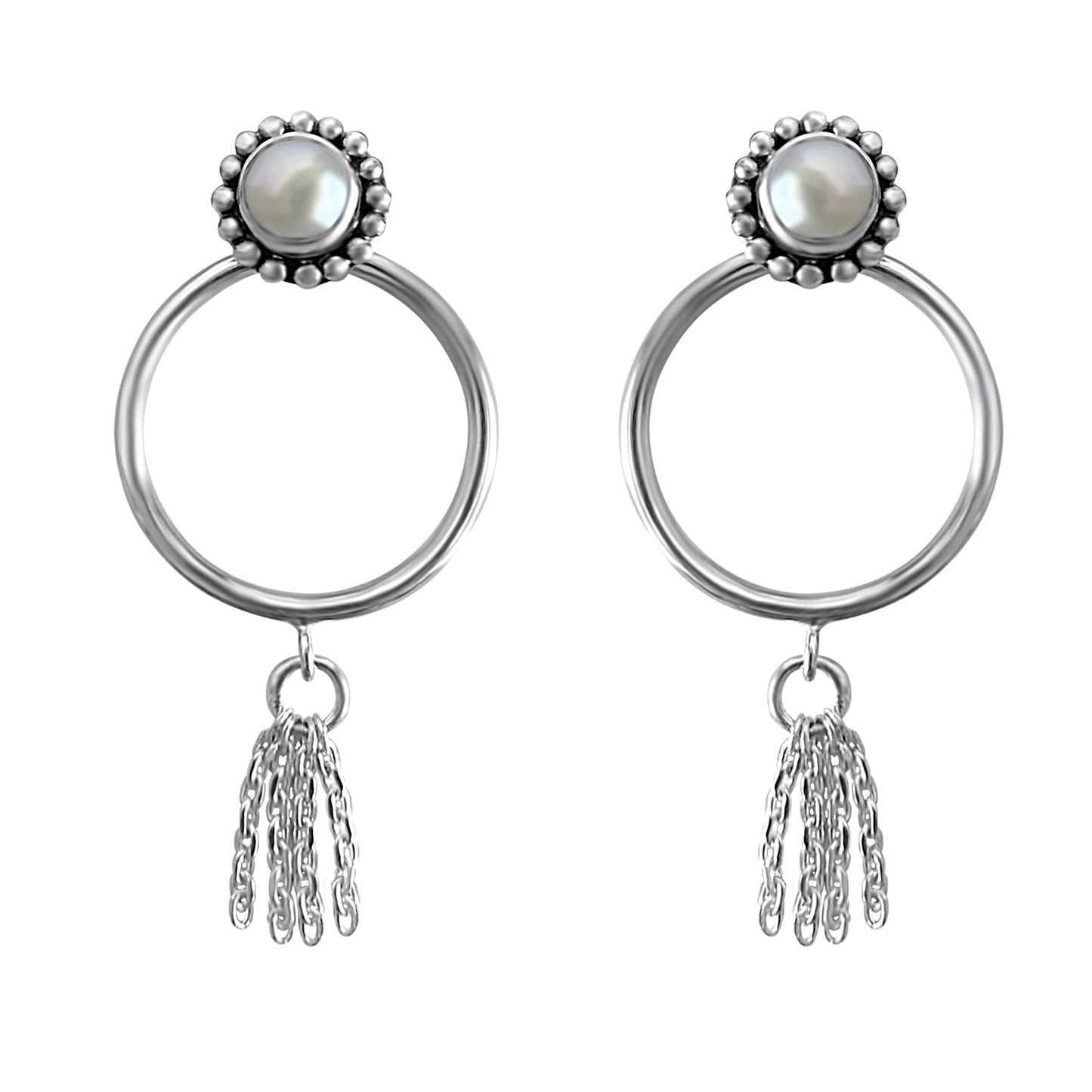 sterling silve earring natural pearl circle drop chain style handmade kemmi collection bohemian