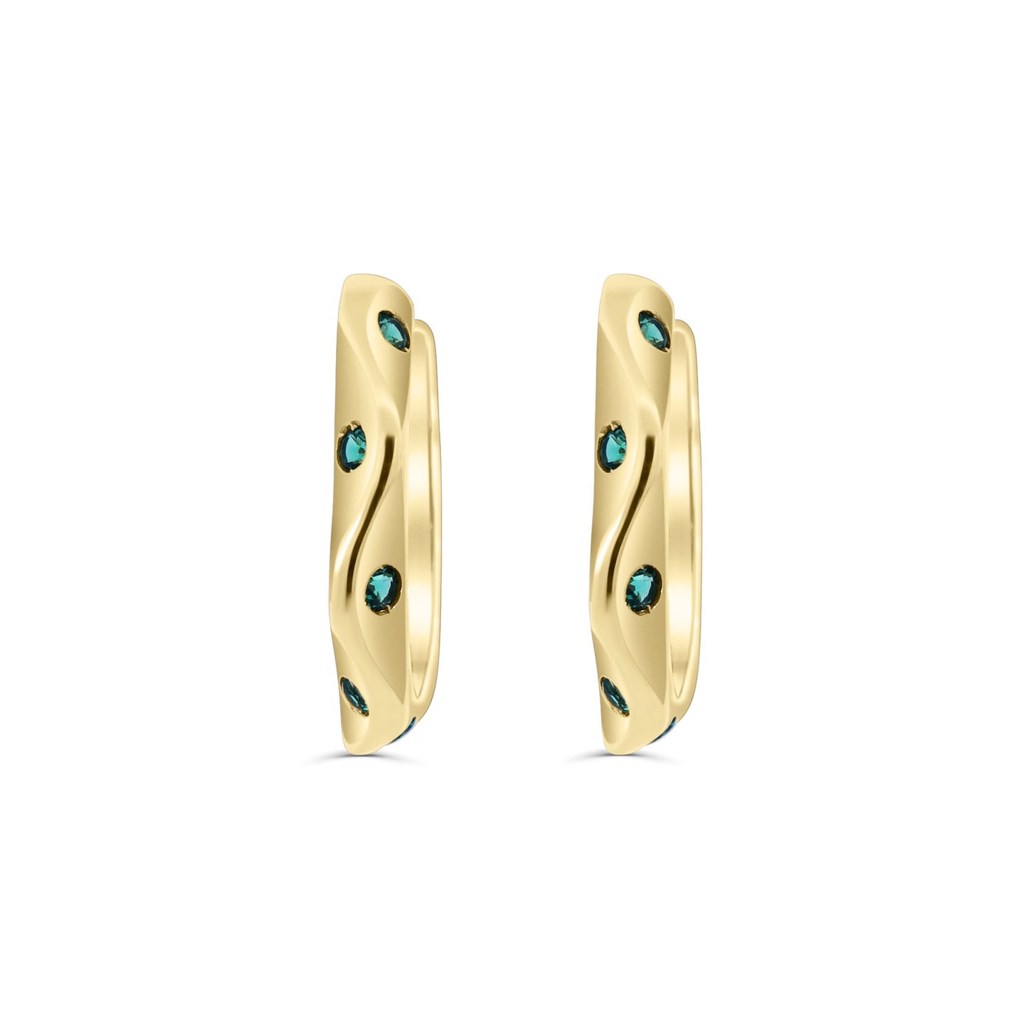 Solid Gold Wave Green CZ Hoops