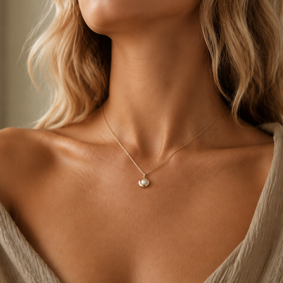Close-up of a woman wearing a delicate necklace with a small pendant.
