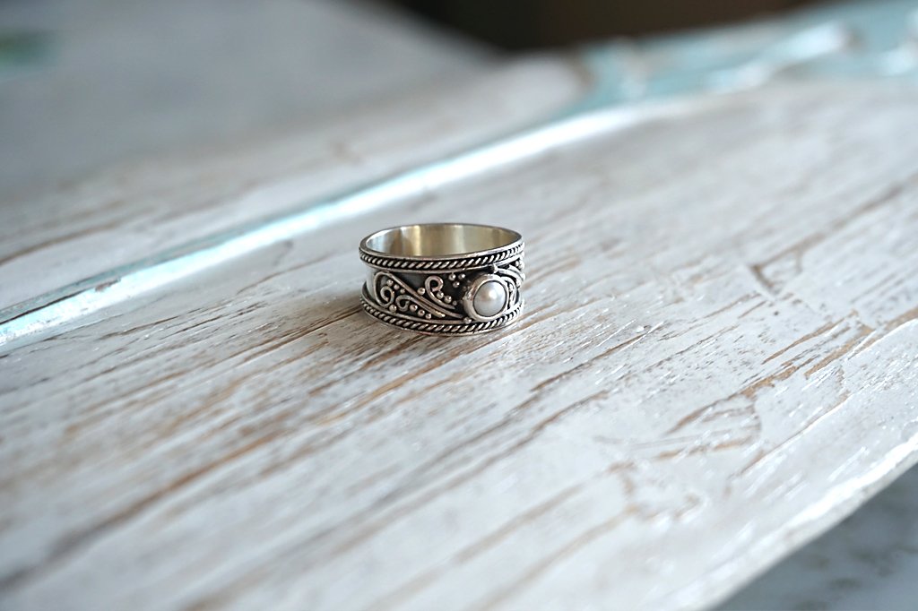 silver ring pearl bohemian boho chic handmade jewelry kemmi collection