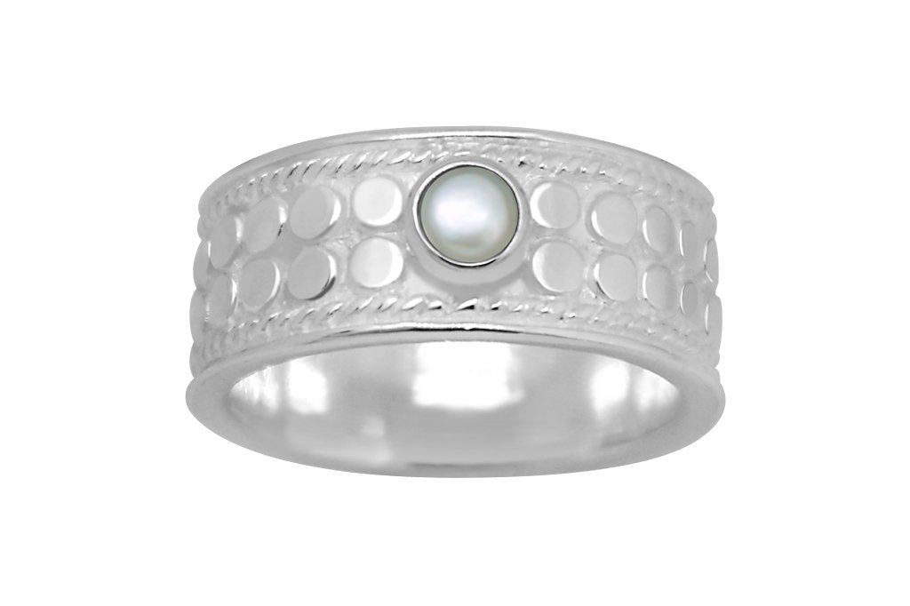 women's white sterling silver ring tiny natural pearl setting wide band bohemian chic jewelry kemmi collection