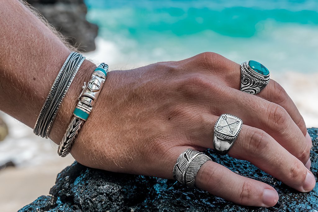 ensemble de bagues pour hommes en argent sterling bracelets manchette jonc pierre turquoise bijoux modernes collection kemmi