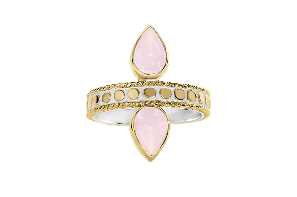 Bague en vermeil en or jaune 18 carats symétrique goutte d'eau en pierre de quartz rose détails de la bande bijoux boho chic collection kemmi