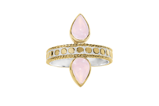 18k yellow gold vermeil ring symmetrical tear drop rose quartz stone disc band details boho chic jewelry kemmi collection