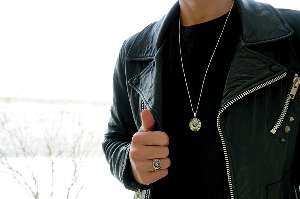 men's black leather jacket sterling silver necklace modern chic style kemmi collection