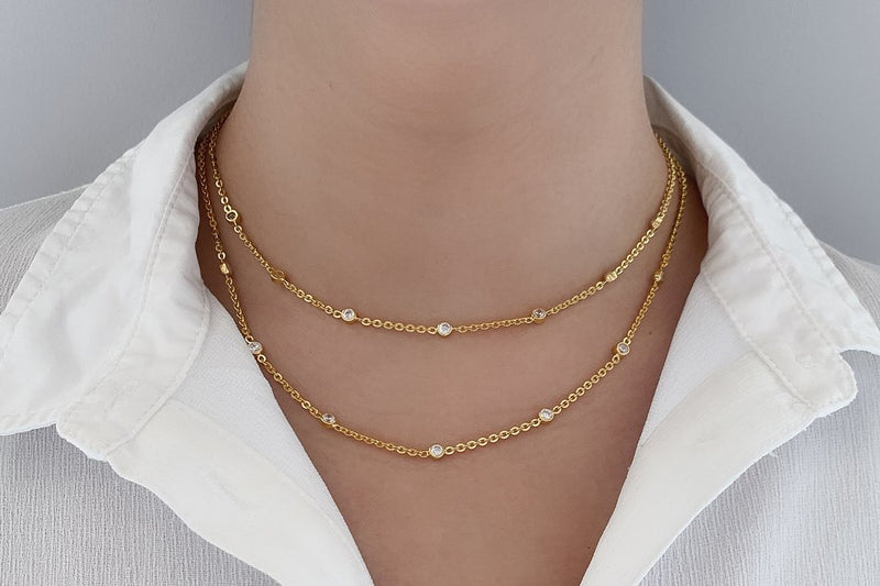 Yellow Gold Necklace Bezel Chain Cubic Zirconia Layered Style Boho Chic Jewelry Kemmi Collection