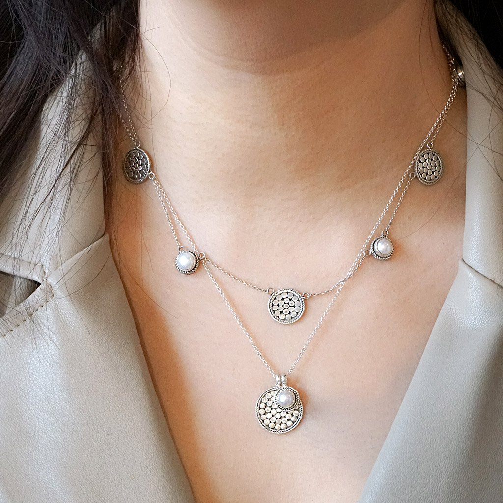 Collier Ajustable Disque Argent & Perle
