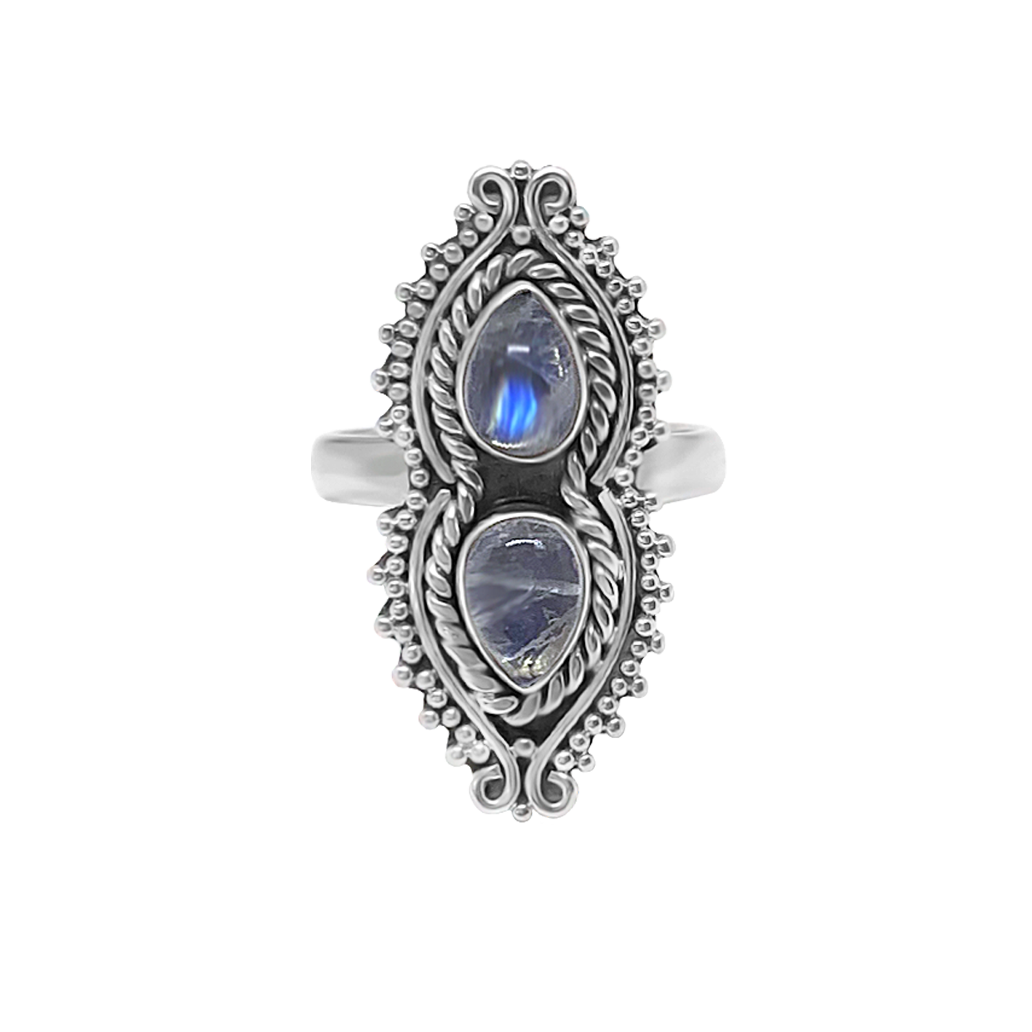 statement sterling silver ring double moonstone handmade jewelry bohemian style kemmi collection