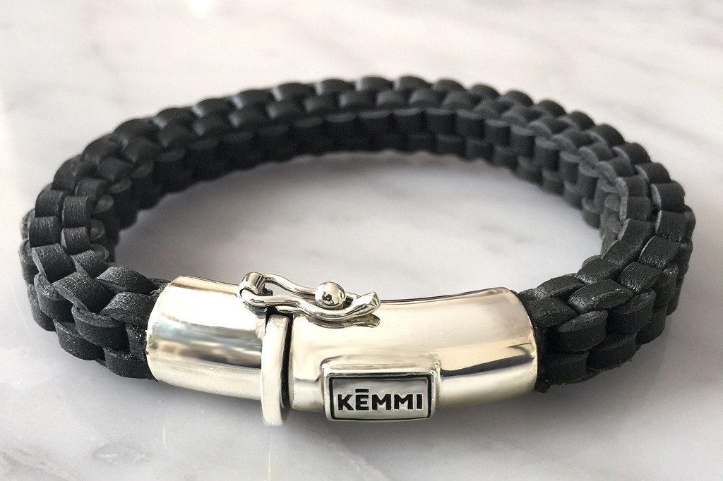 Thick men's braided leather bracelet sterling silver closure modern style jewelry Kemmi Collection