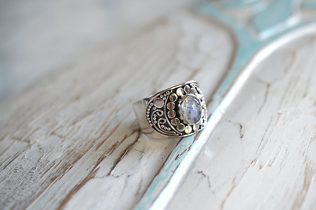 women's silver ring moonstone gypsy boho chic style handmade jewelry kemmi collection