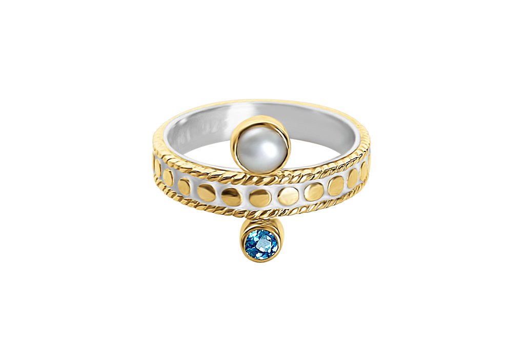 Bague empilable en or jaune 18 carats vermeil perle naturelle topaze bleue pierre boho chic bijoux fait main de luxe collection kemmi