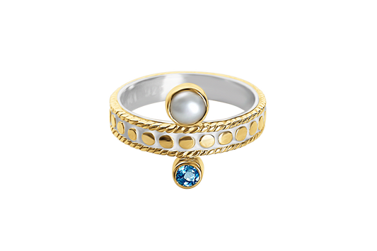 Bague empilable en or jaune 18 carats vermeil perle naturelle topaze bleue pierre boho chic bijoux fait main de luxe collection kemmi