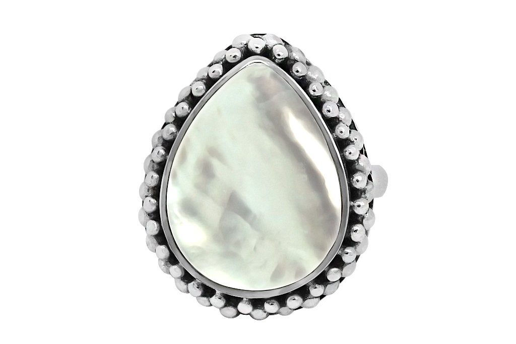 sterling silver ring statement big mother of pearl pear shape gypsy hippie boho handmade jewelry kemmi collection