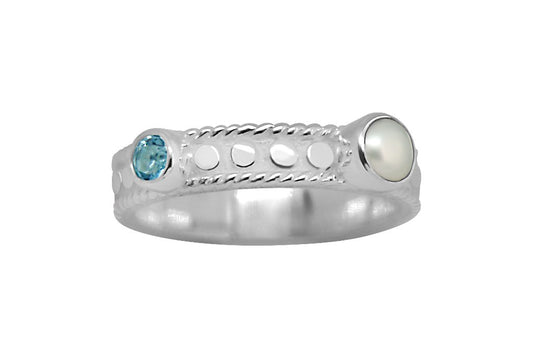 Bague pour femme en argent blanc avec pierre de topaze bleue perle naturelle bijoux bohème chic collection kemmi