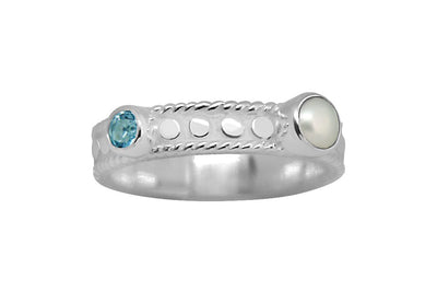 White Silver women's ring featuring natural pearl blue topaz stone bohemian chic jewelry kemmi collection