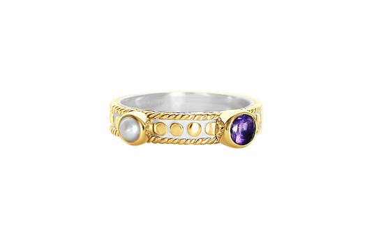 yellow 18k gold vermeil ring amethyst stone natural white pearl stackable ring handmade boho chic luxury jewelry kemmi collection