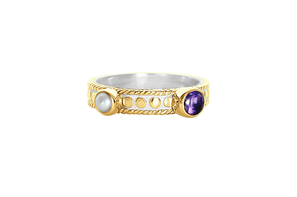 yellow 18k gold vermeil ring amethyst stone natural white pearl stackable ring handmade boho chic luxury jewelry kemmi collection