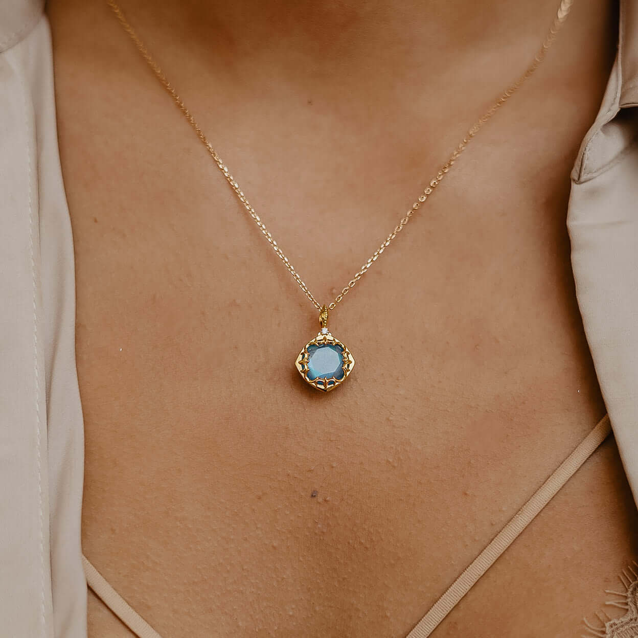Gold Clio Labradorite & Blue Agate Necklace - Double Sided