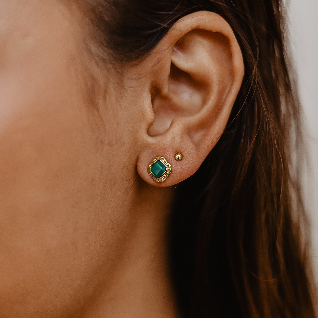 Gold Electra Green Agate Stud Earrings