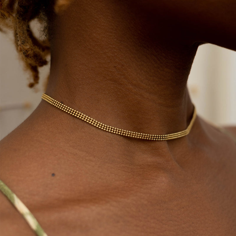 14k gold 3 row bead necklace chain choker jewelry kemmi collection boho chic