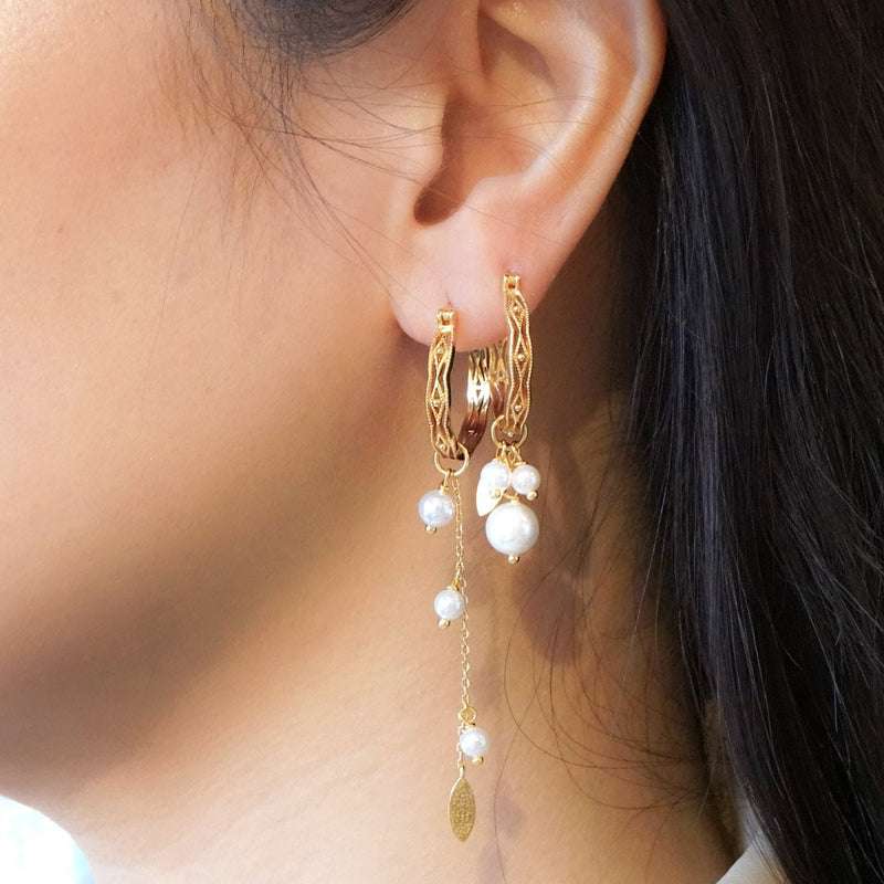 18k gold vermeil earrings asymmetrical style pearl pendants boho chic jewelry kemmi collection handmade