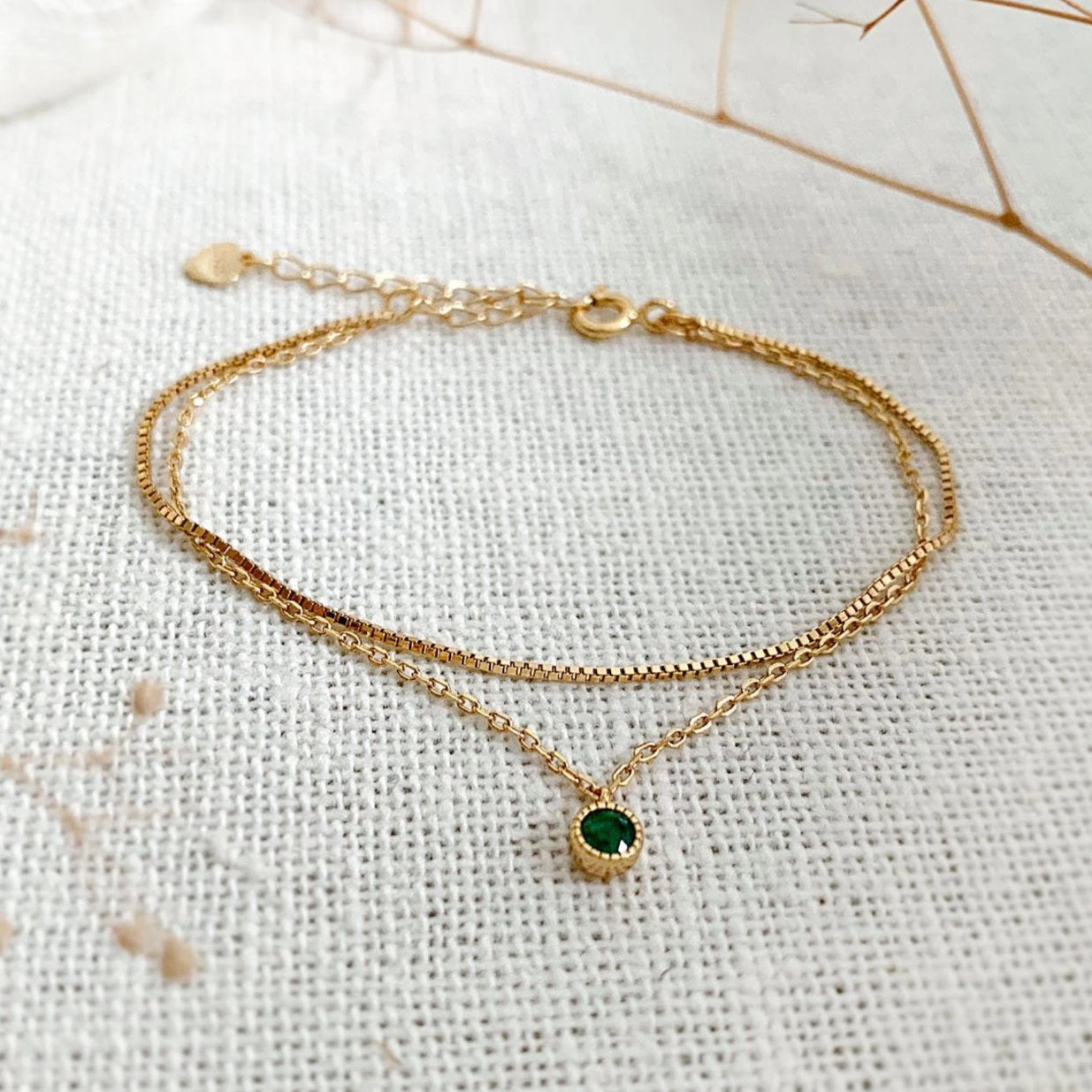 dainty double chain bracelet 18k gold vermeil handmade emerald stone boho chic jewelry kemmi collection