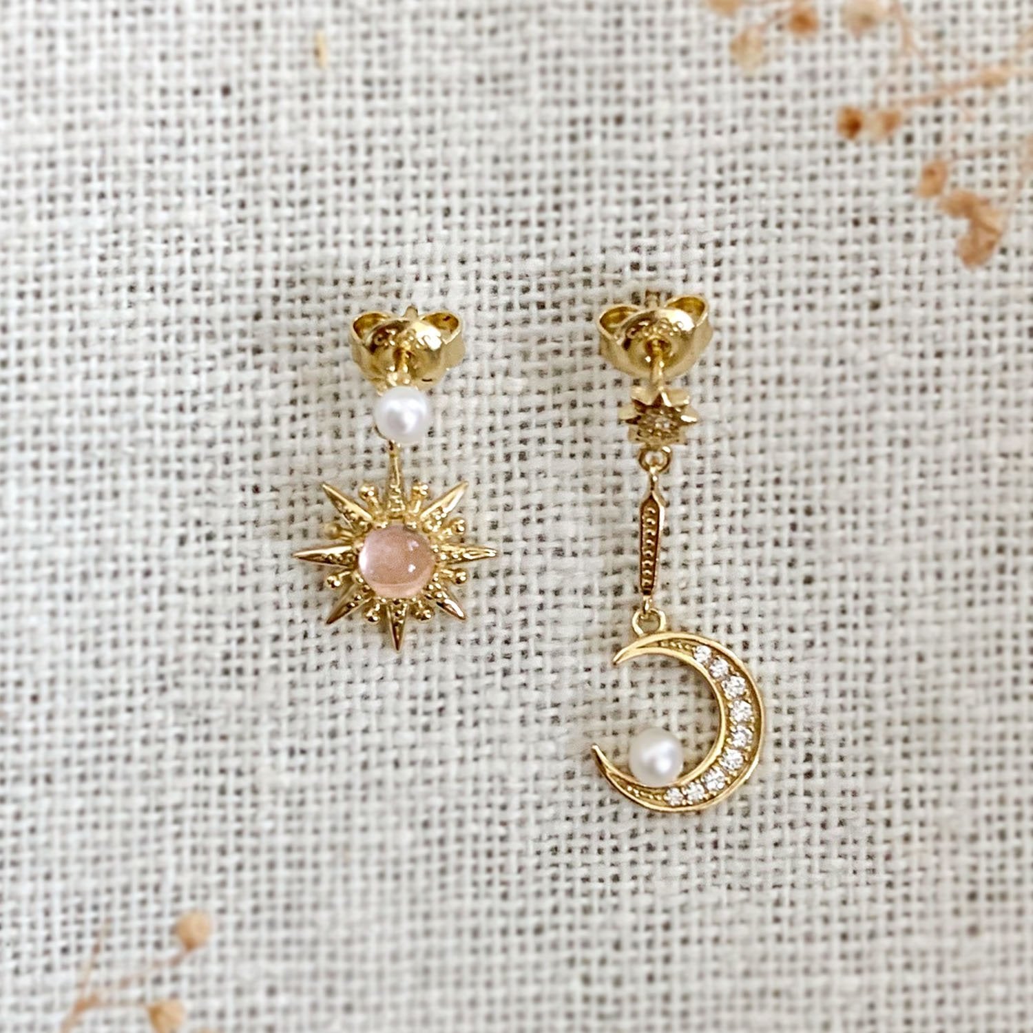moon star drop earrings asymmetrical style handmade 18k gold vermeil rose quartz pearl cubic zirconia stones boho chic refined jewelry kemmi collection