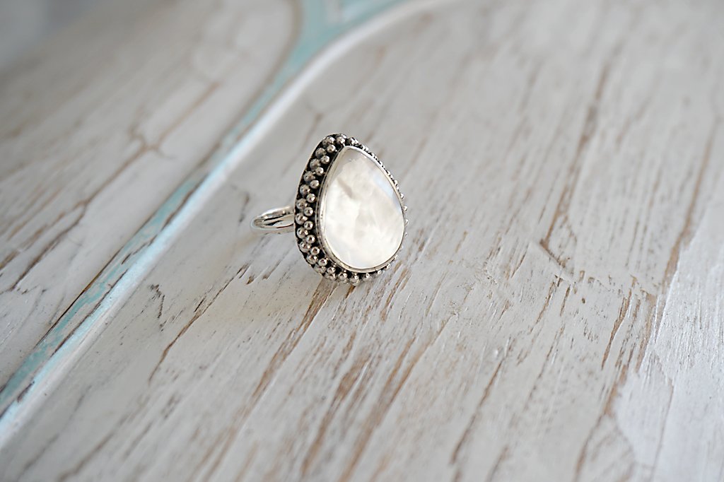 large mother of pearl silver ring boho gypsy wanderer jewels handmade style Kemmi Collection