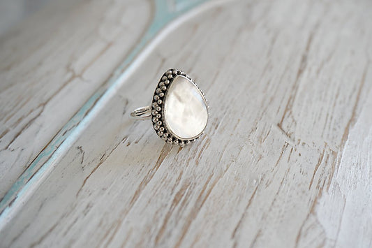 large mother of pearl silver ring boho gypsy wanderer jewels handmade style Kemmi Collection