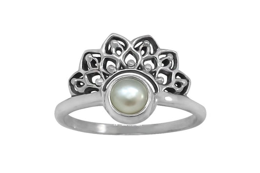 bague en argent sterling lotus mandala perle boho style bohème délicate bande fine à la main collection kemmi