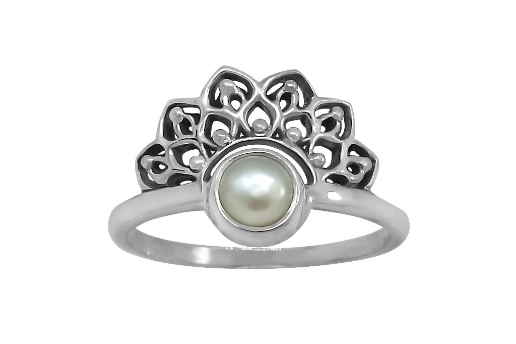 sterling silver ring lotus mandala pearl boho bohemian style dainty thin band handmade kemmi collection