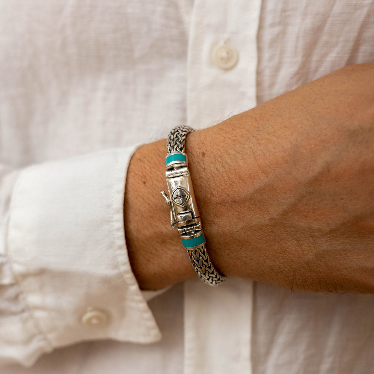Men's Silver Snake Chain Turquoise Bracelet