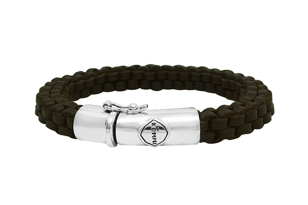 mens leather dark brown wooven bracelet sterling silver pusher clasp security contemporary style kemmi collection