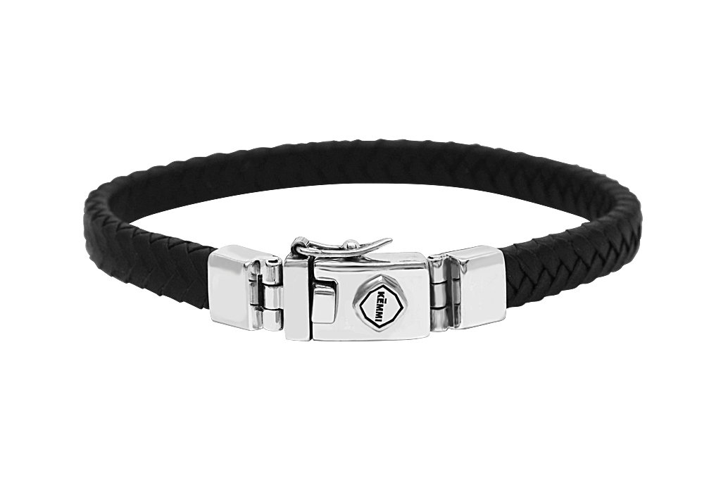 men's black leather bracelet silver closure handmade accessory kemmi collection