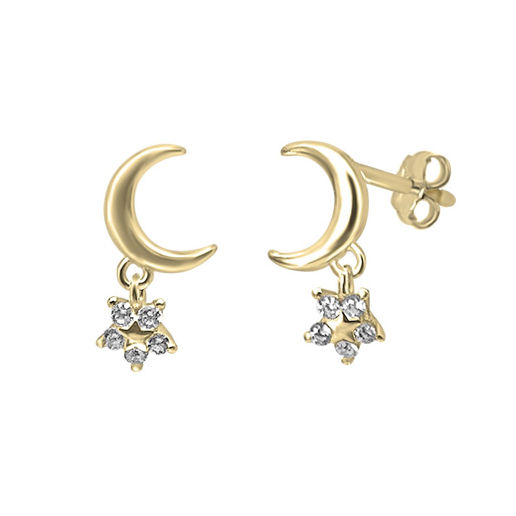 14k gold vermeil earring dainty style crescent star drop cz kemmi jewelry boho chic