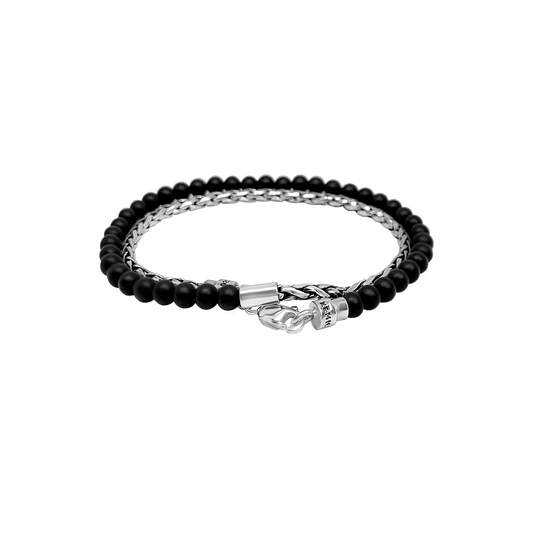 Bracelet double tour en argent sterling perles d'onyx noir mat fermoir homard accessoire bijoux collection kemmi