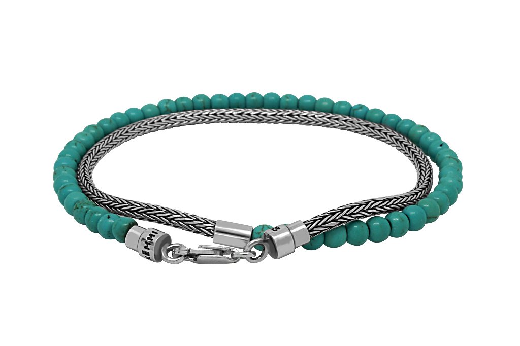 Bracelet fin en argent sterling avec chaîne serpent à la main avec perles turquoises fermoir homard collection polyvalente kemmi