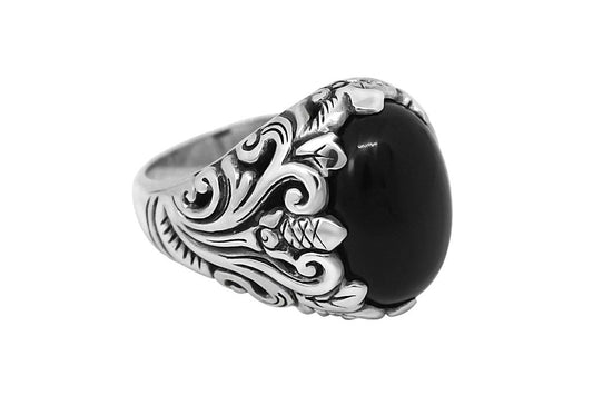 Bague pour homme en argent sterling déclaration grande pierre d'onyx noir style moderne Collection Kemmi