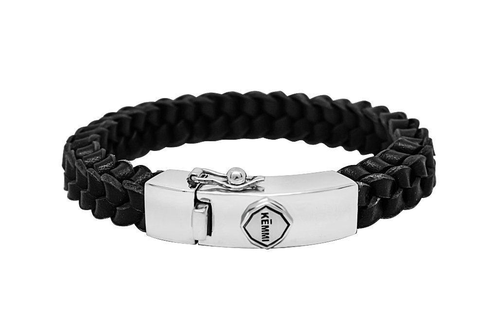 men's black leather bracelet sterling silver closure clasp modern style kemmi collection