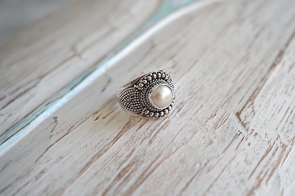 women's boho chic silver ring bohemian pearl gypsy style handmade jewelry kemmi collection