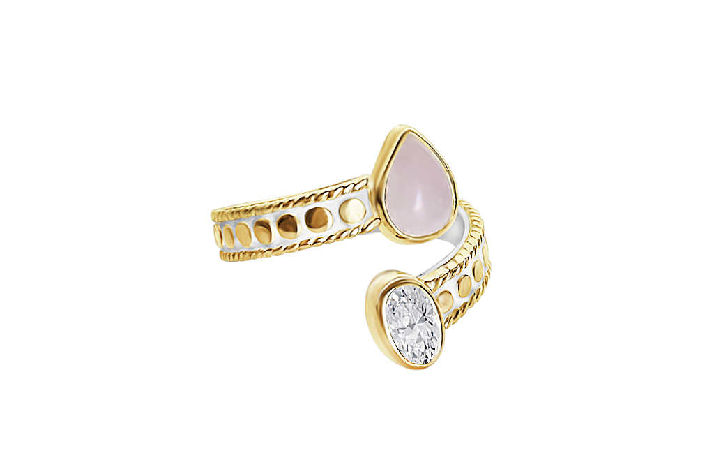 Bague en or jaune 18 carats larme quartz rose et zircone cubique boho check déclaration pièce bijoux collection kemmi