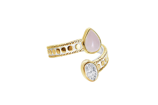 Bague en or jaune 18 carats larme quartz rose et zircone cubique boho check déclaration pièce bijoux collection kemmi