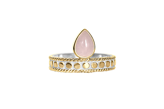 18k yellow gold vermeil ring tear drop shape rose quartz stone stackable style ring bohemian jewelry kemmi collection