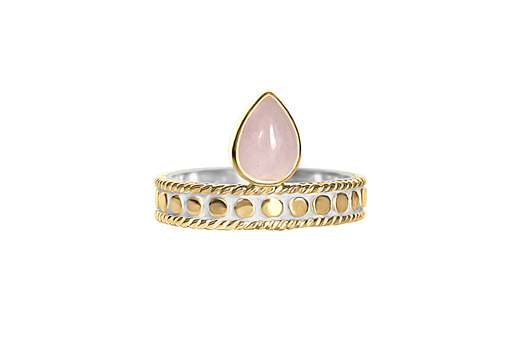 18k yellow gold vermeil ring tear drop shape rose quartz stone stackable style ring bohemian jewelry kemmi collection