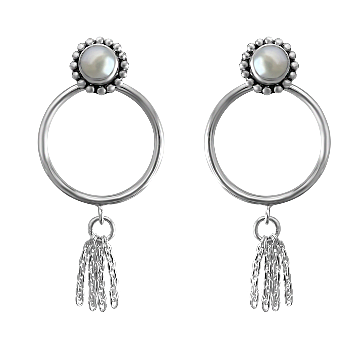 sterling silve earring natural pearl circle drop chain style handmade kemmi collection bohemian