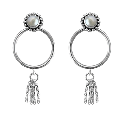 boucle d'oreille en argent sterling perle naturelle cercle goutte chaîne style fait à la main collection kemmi bohème