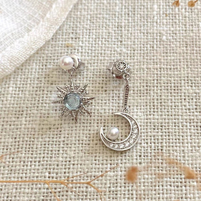 moon star drop earrings asymmetrical style handmade sterling silver blue topaz stone pearl cubic zirconia stones boho chic refined jewelry kemmi collection